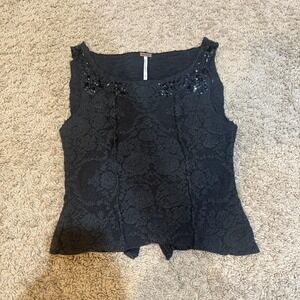 Free People Tank Top Womens XS Black Lace Embellished‎ Sequin Neck Sleeveless